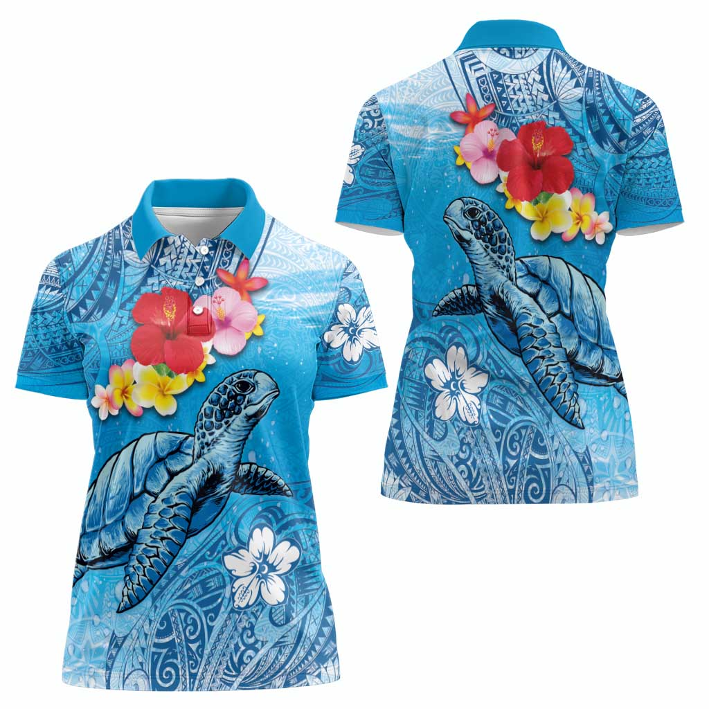 Hawaii Sea Turtle and Tropical Flowers Women Polo Shirt Polynesian Tattoo Undersea Vibe
