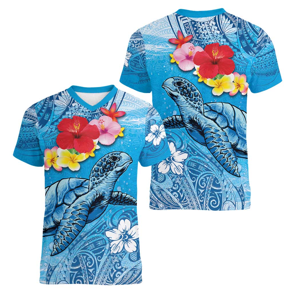 Hawaii Sea Turtle and Tropical Flowers Women V-Neck T-Shirt Polynesian Tattoo Undersea Vibe