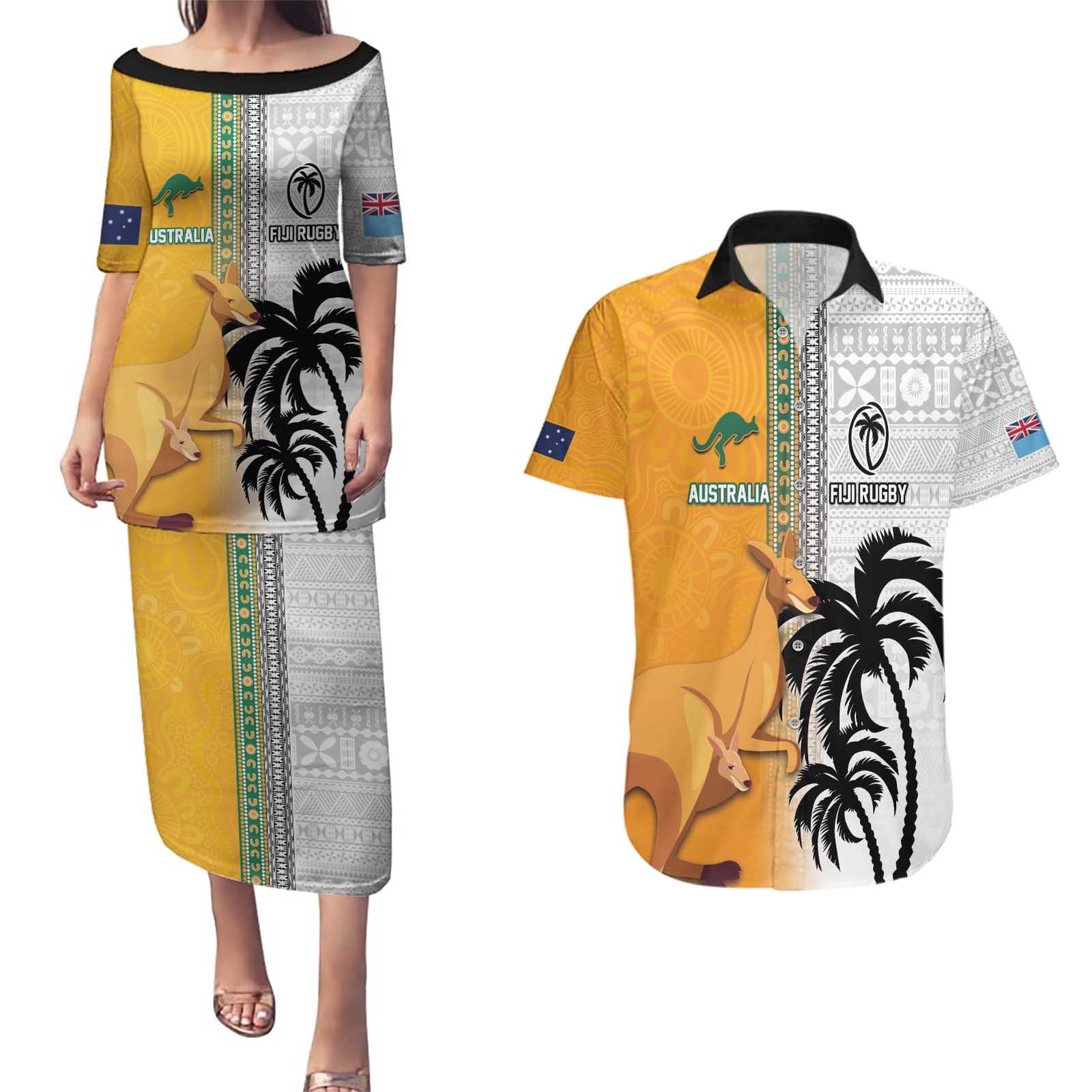 Custom Fiji and Australia Rugby Couples Matching Puletasi and Hawaiian Shirt Aboriginal and Fijian Masi Pattern