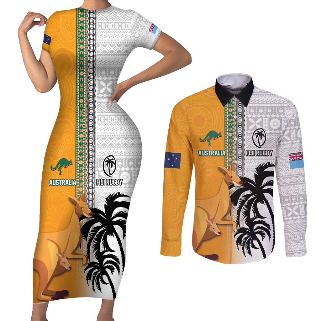 Custom Fiji and Australia Rugby Couples Matching Short Sleeve Bodycon Dress and Long Sleeve Button Shirt Aboriginal and Fijian Masi Pattern
