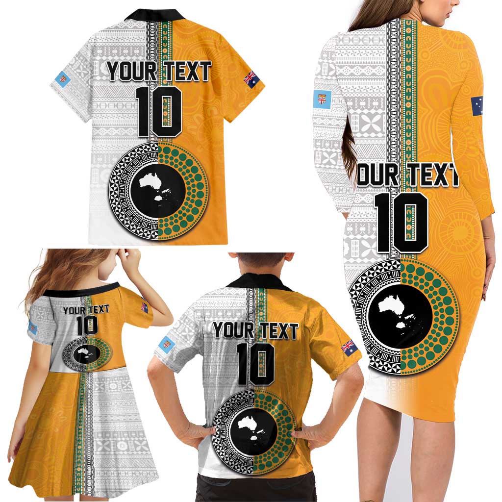 Custom Fiji and Australia Rugby Family Matching Long Sleeve Bodycon Dress and Hawaiian Shirt Aboriginal and Fijian Masi Pattern LT03 - Polynesian Pride