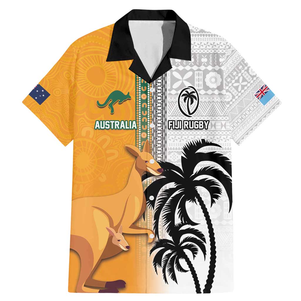 Custom Fiji and Australia Rugby Family Matching Mermaid Dress and Hawaiian Shirt Aboriginal and Fijian Masi Pattern LT03 Dad's Shirt - Short Sleeve White - Polynesian Pride