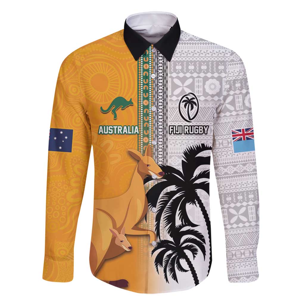Custom Fiji and Australia Rugby Family Matching Mermaid Dress and Hawaiian Shirt Aboriginal and Fijian Masi Pattern LT03 Dad's Shirt - Long Sleeve White - Polynesian Pride