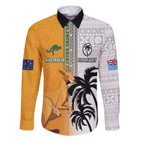 Custom Fiji and Australia Rugby Family Matching Mermaid Dress and Hawaiian Shirt Aboriginal and Fijian Masi Pattern LT03 Dad's Shirt - Long Sleeve White - Polynesian Pride