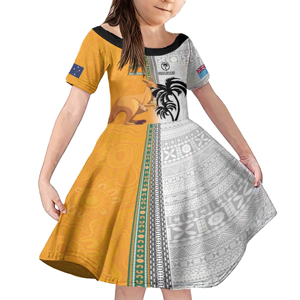 Custom Fiji and Australia Rugby Family Matching Puletasi and Hawaiian Shirt Aboriginal and Fijian Masi Pattern LT03 Daughter's Dress White - Polynesian Pride
