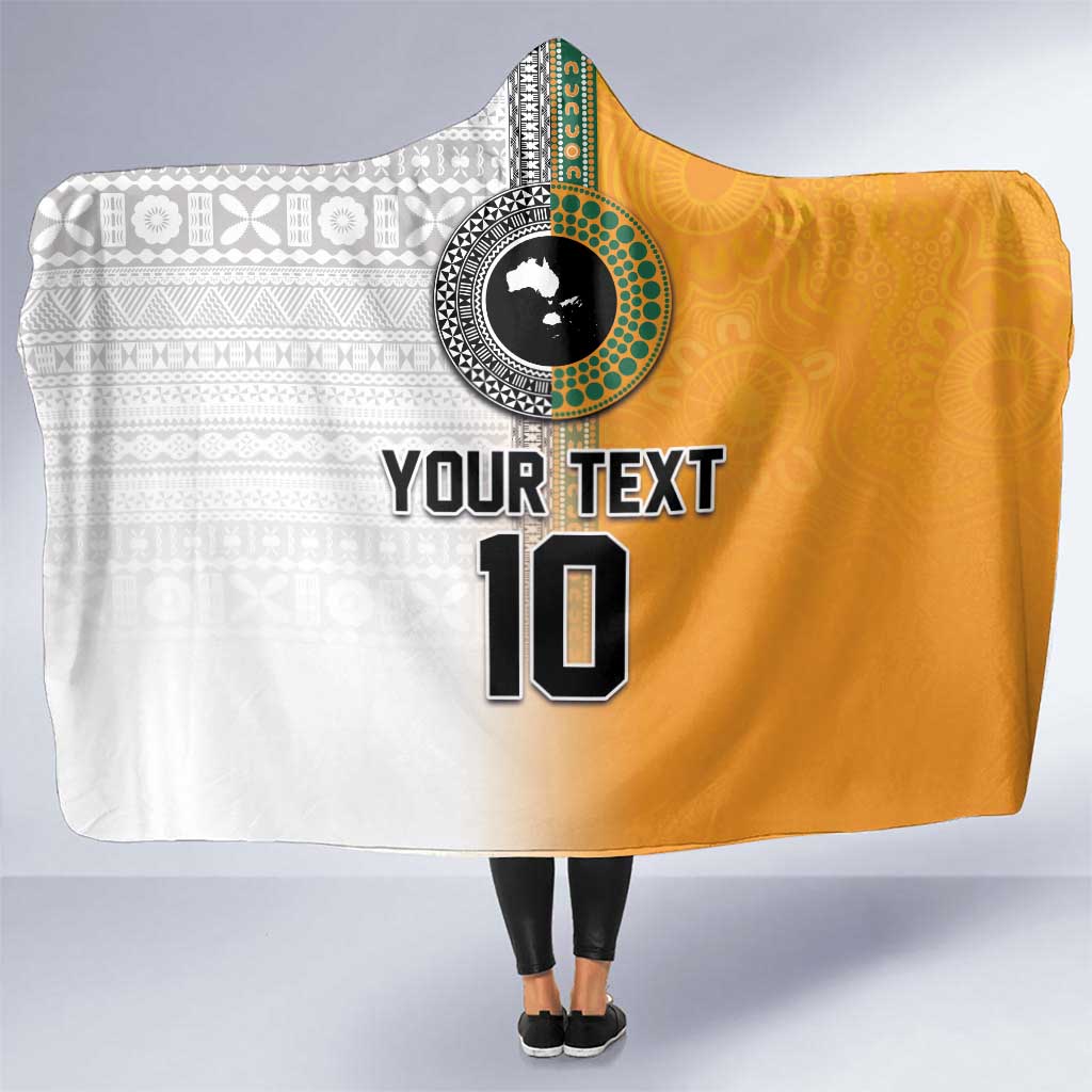 Custom Fiji and Australia Rugby Hooded Blanket Aboriginal and Fijian Masi Pattern