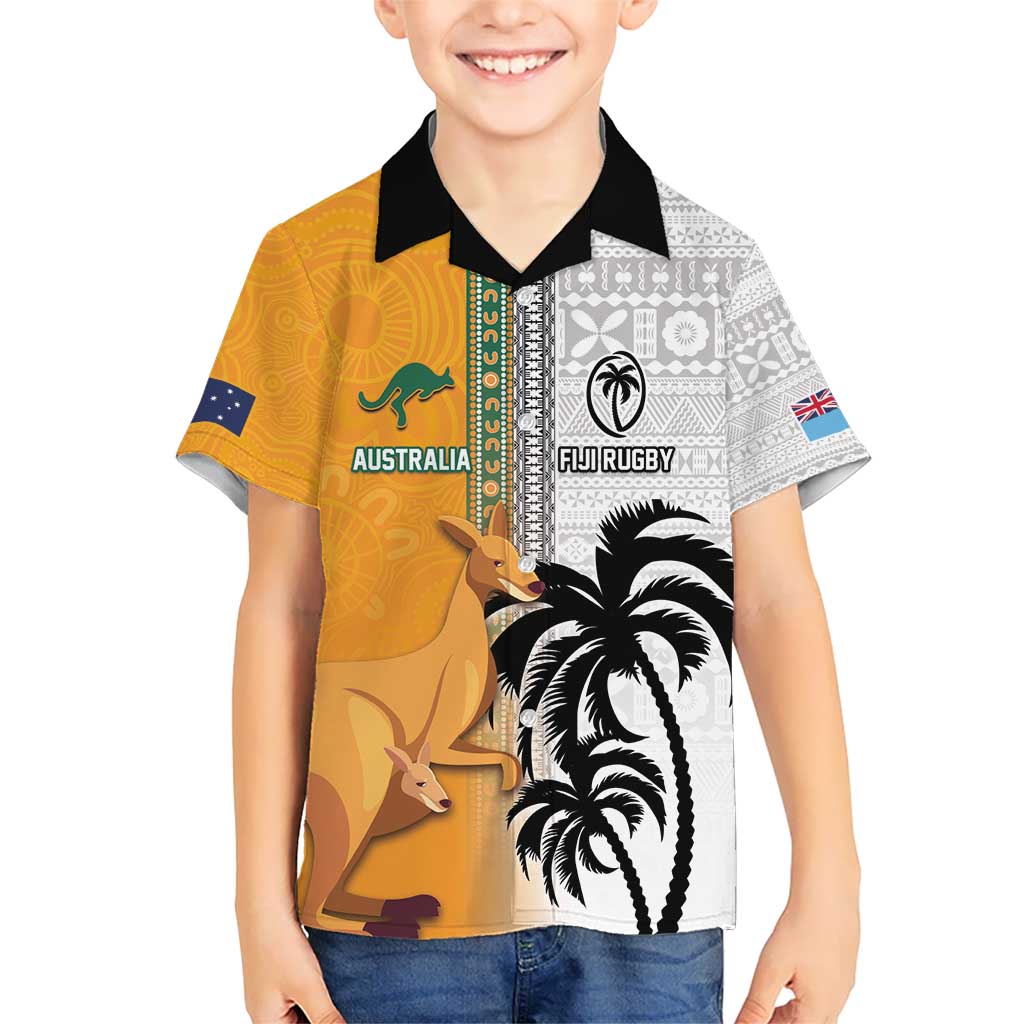 Custom Fiji and Australia Rugby Kid Hawaiian Shirt Aboriginal and Fijian Masi Pattern