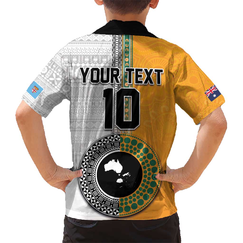 Custom Fiji and Australia Rugby Kid Hawaiian Shirt Aboriginal and Fijian Masi Pattern