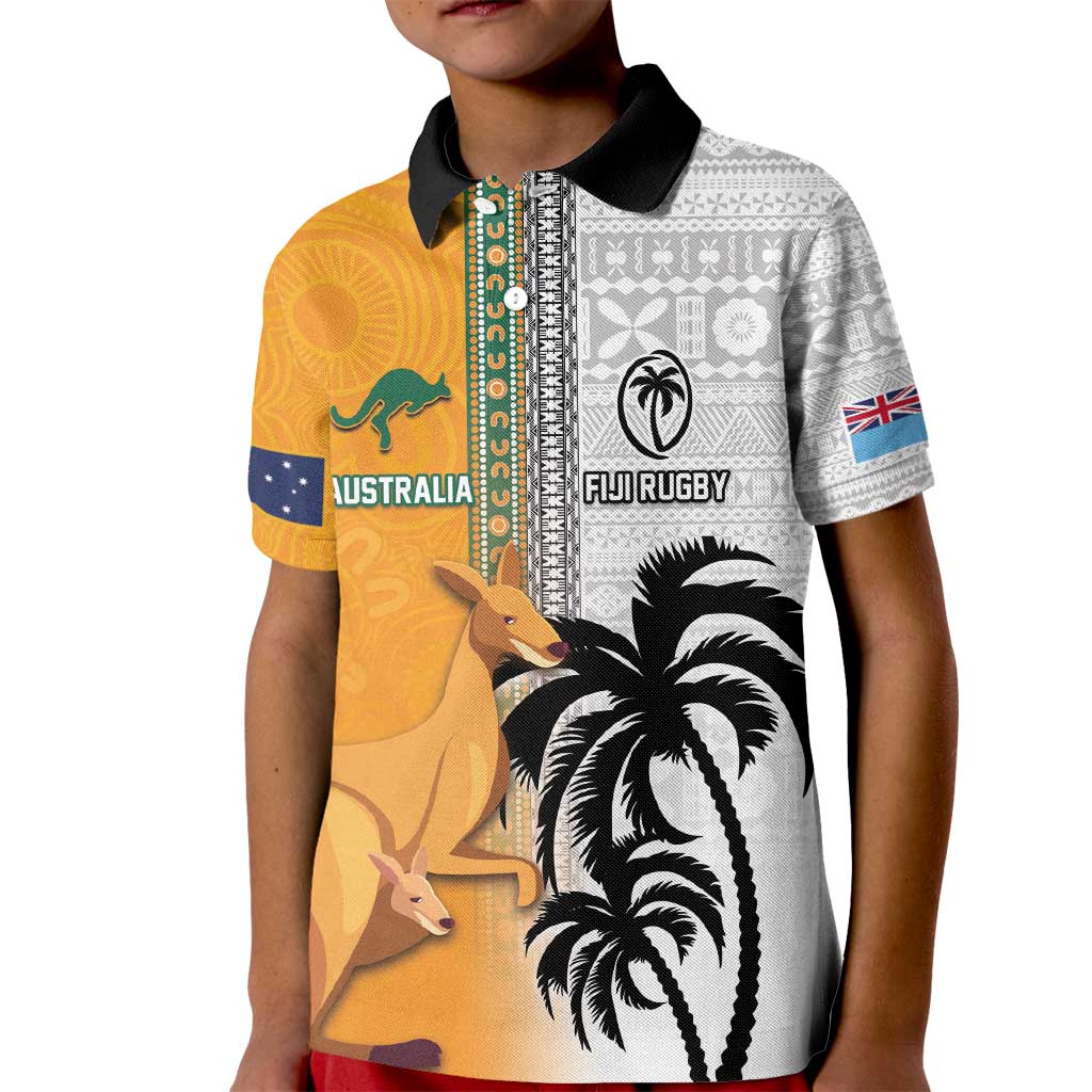 Custom Fiji and Australia Rugby Kid Polo Shirt Aboriginal and Fijian Masi Pattern