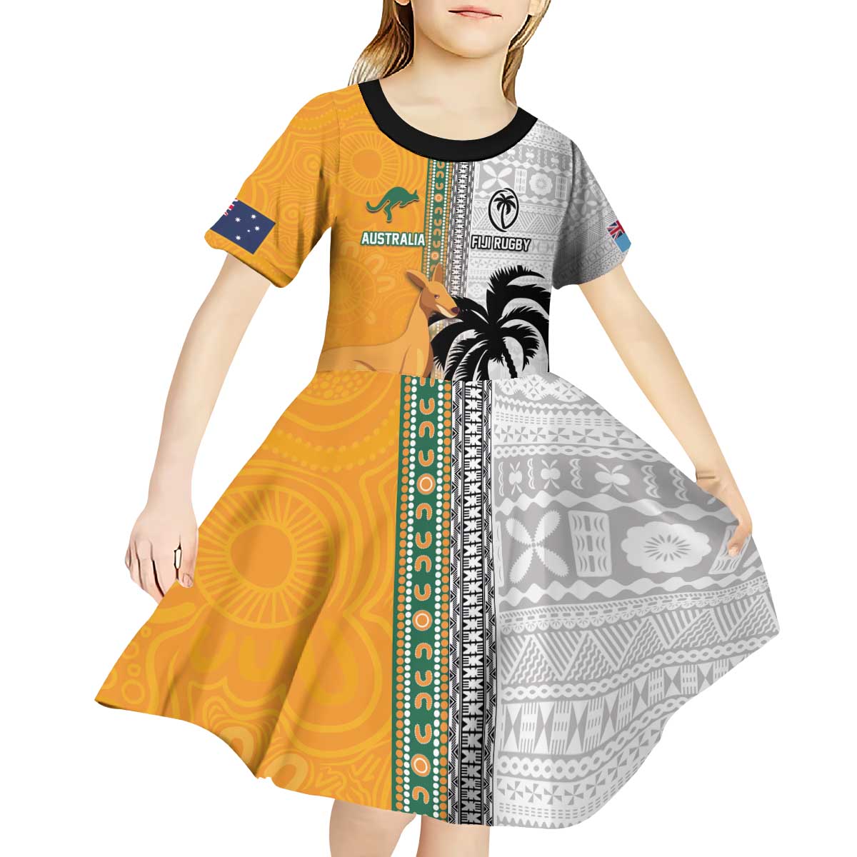 Custom Fiji and Australia Rugby Kid Short Sleeve Dress Aboriginal and Fijian Masi Pattern
