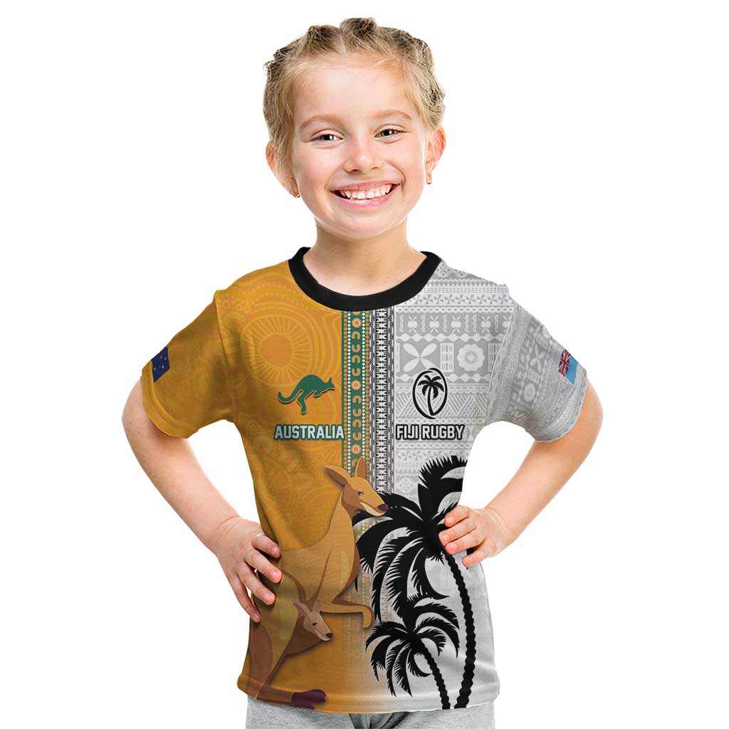 Custom Fiji and Australia Rugby Kid T Shirt Aboriginal and Fijian Masi Pattern