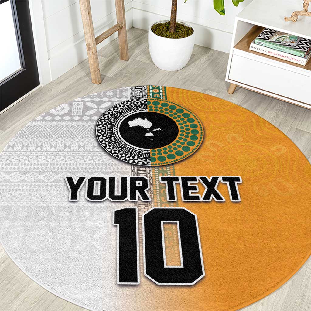 Custom Fiji and Australia Rugby Round Carpet Aboriginal and Fijian Masi Pattern