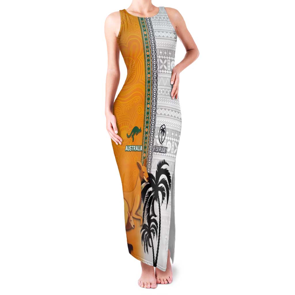 Custom Fiji and Australia Rugby Tank Maxi Dress Aboriginal and Fijian Masi Pattern