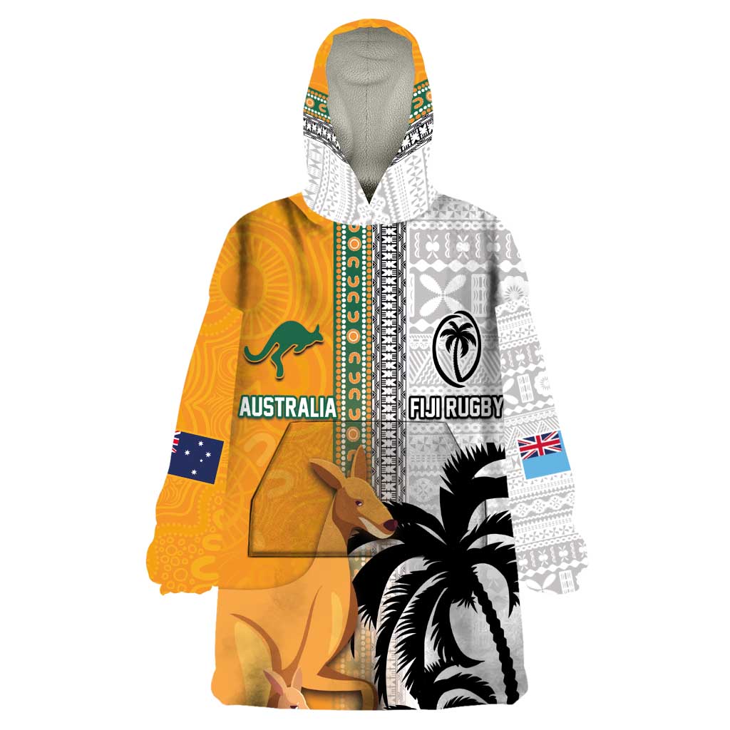 Custom Fiji and Australia Rugby Wearable Blanket Hoodie Aboriginal and Fijian Masi Pattern