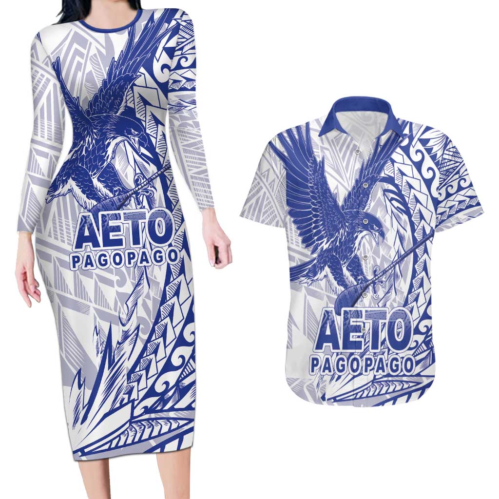 Samoa Pago Pago Aeto Couples Matching Long Sleeve Bodycon Dress and Hawaiian Shirt Wingstyle Blue-White Color - Polynesian Pride