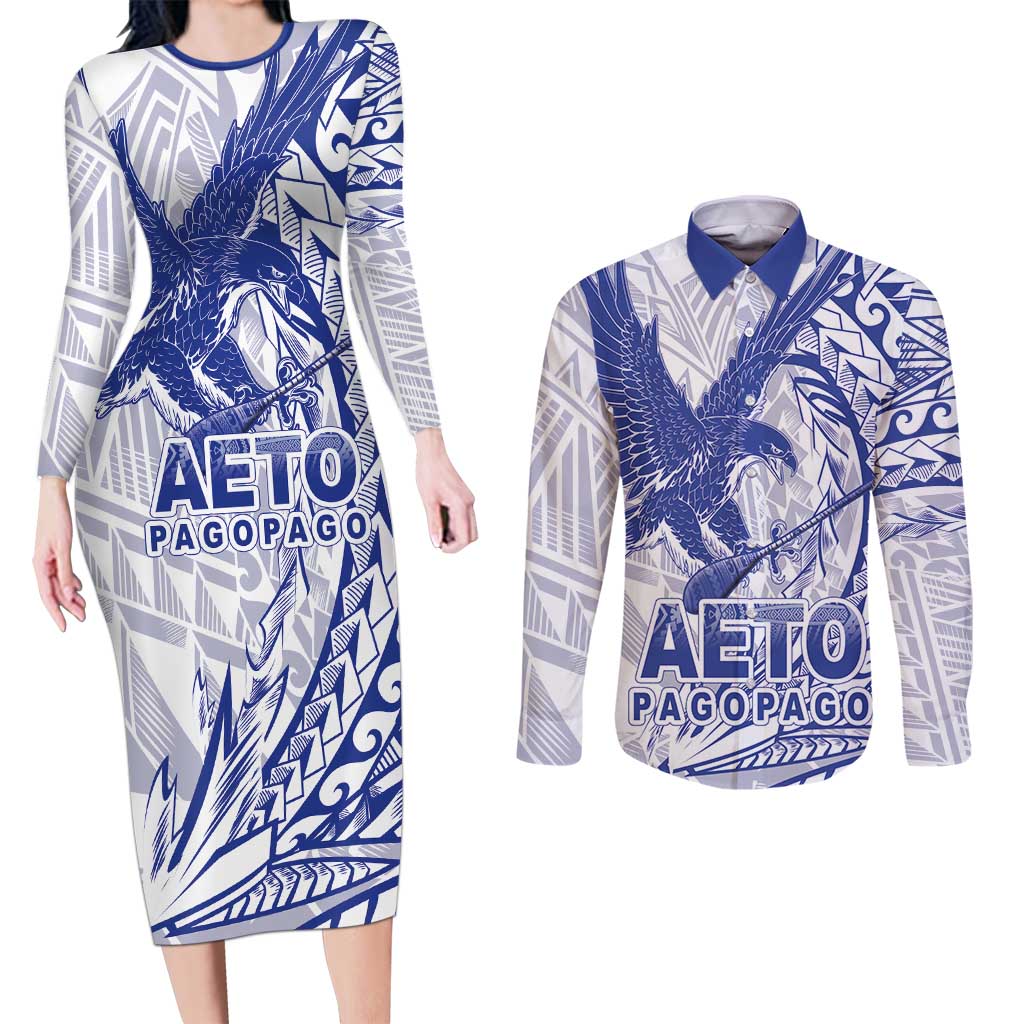 Samoa Pago Pago Aeto Couples Matching Long Sleeve Bodycon Dress and Long Sleeve Button Shirt Wingstyle Blue-White Color - Polynesian Pride