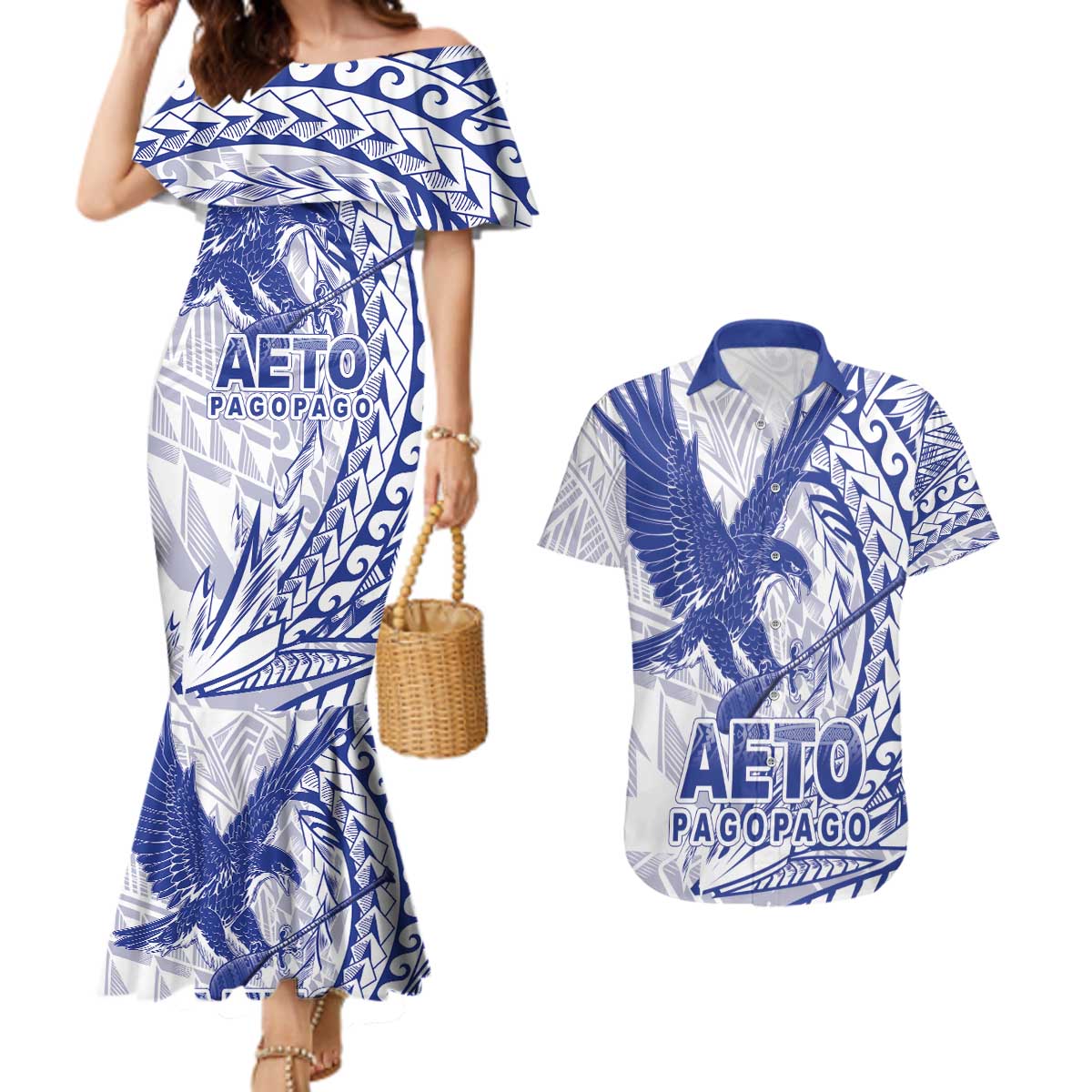 Samoa Pago Pago Aeto Couples Matching Mermaid Dress and Hawaiian Shirt Wingstyle Blue-White Color - Polynesian Pride