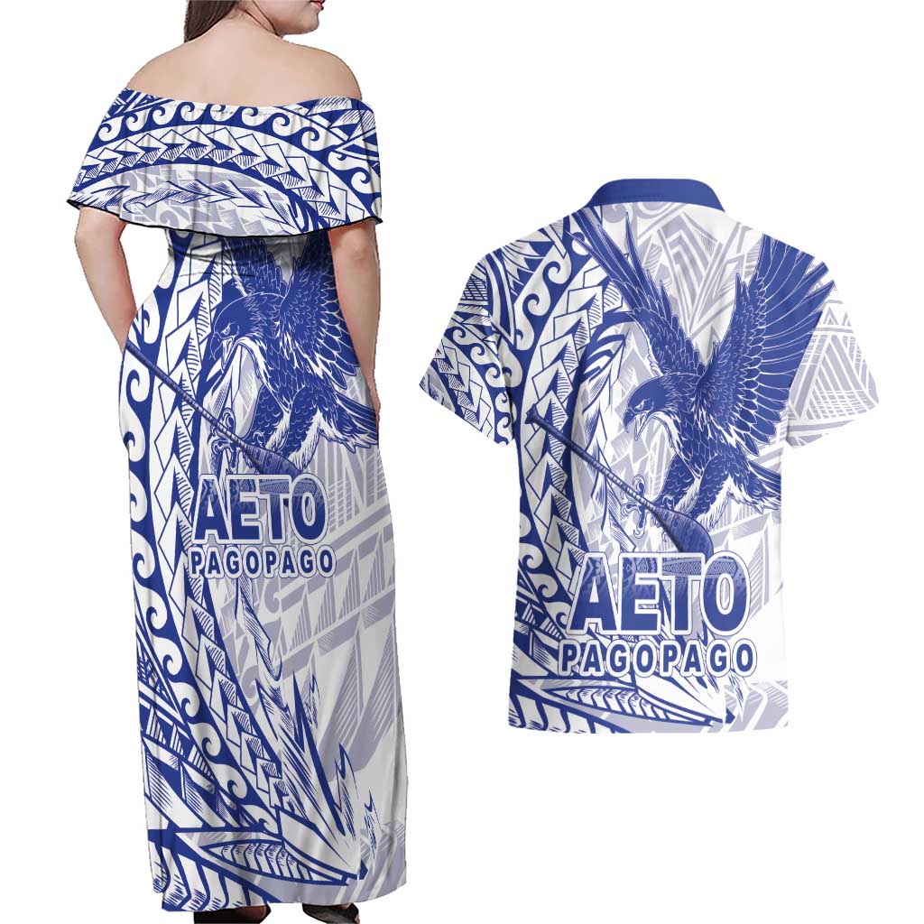 Samoa Pago Pago Aeto Couples Matching Off Shoulder Maxi Dress and Hawaiian Shirt Wingstyle Blue-White Color - Polynesian Pride