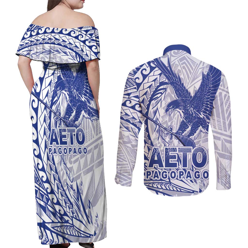 Samoa Pago Pago Aeto Couples Matching Off Shoulder Maxi Dress and Long Sleeve Button Shirt Wingstyle Blue-White Color - Polynesian Pride