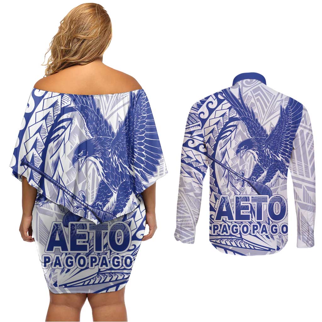 Samoa Pago Pago Aeto Couples Matching Off Shoulder Short Dress and Long Sleeve Button Shirt Wingstyle Blue-White Color - Polynesian Pride