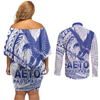 Samoa Pago Pago Aeto Couples Matching Off Shoulder Short Dress and Long Sleeve Button Shirt Wingstyle Blue-White Color - Polynesian Pride