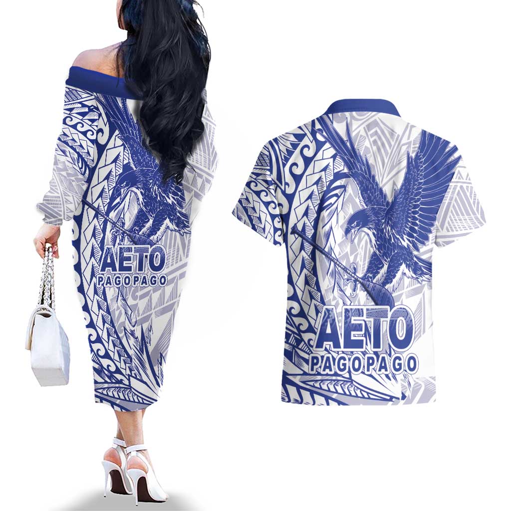 Samoa Pago Pago Aeto Couples Matching Off The Shoulder Long Sleeve Dress and Hawaiian Shirt Wingstyle Blue-White Color - Polynesian Pride