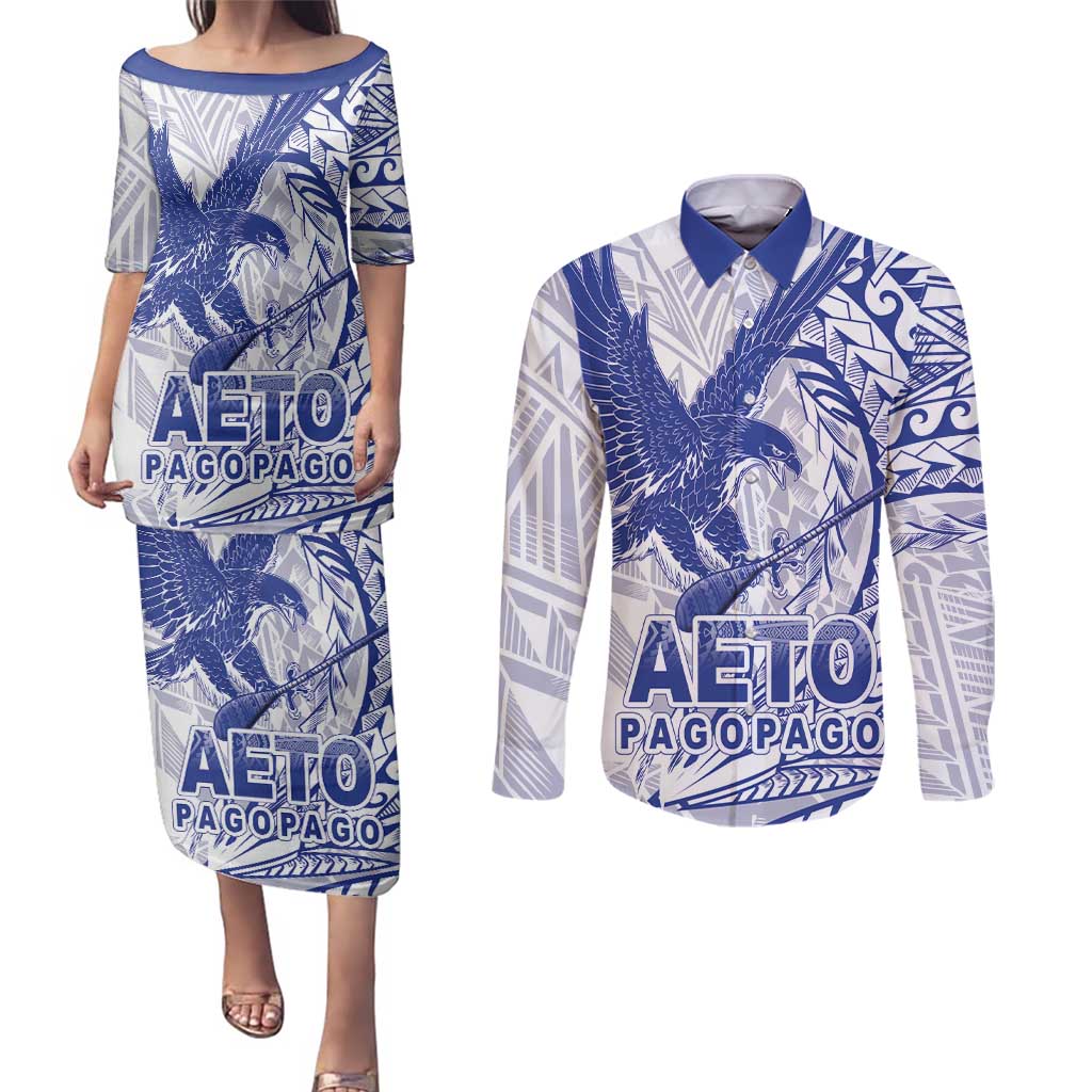 Samoa Pago Pago Aeto Couples Matching Puletasi and Long Sleeve Button Shirt Wingstyle Blue-White Color - Polynesian Pride