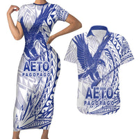 Samoa Pago Pago Aeto Couples Matching Short Sleeve Bodycon Dress and Hawaiian Shirt Wingstyle Blue-White Color - Polynesian Pride