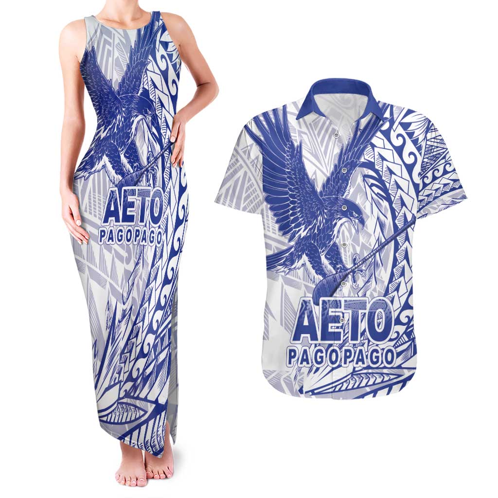 Samoa Pago Pago Aeto Couples Matching Tank Maxi Dress and Hawaiian Shirt Wingstyle Blue-White Color - Polynesian Pride