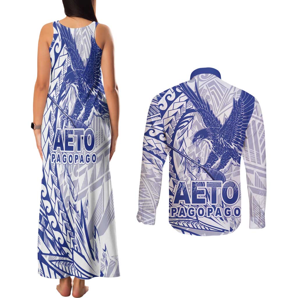 Samoa Pago Pago Aeto Couples Matching Tank Maxi Dress and Long Sleeve Button Shirt Wingstyle Blue-White Color - Polynesian Pride