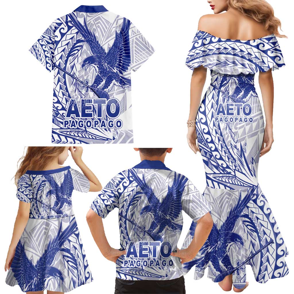 Samoa Pago Pago Aeto Family Matching Mermaid Dress and Hawaiian Shirt Wingstyle Blue-White Color - Polynesian Pride