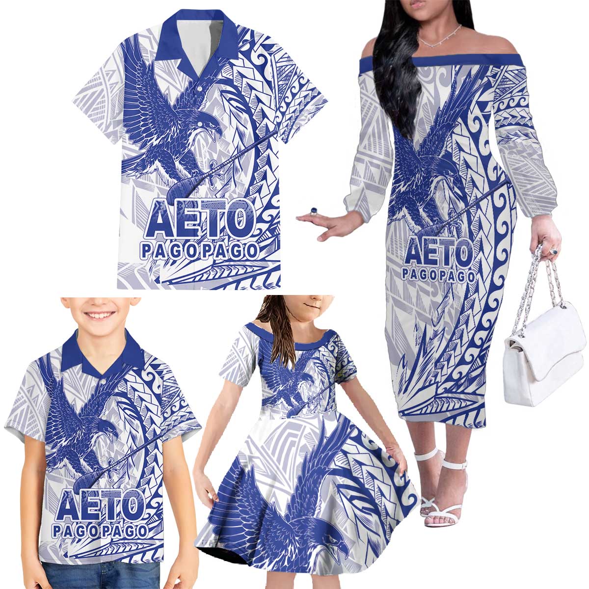 Samoa Pago Pago Aeto Family Matching Off The Shoulder Long Sleeve Dress and Hawaiian Shirt Wingstyle Blue-White Color - Polynesian Pride