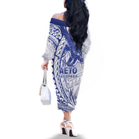 Samoa Pago Pago Aeto Family Matching Off The Shoulder Long Sleeve Dress and Hawaiian Shirt Wingstyle Blue-White Color - Polynesian Pride