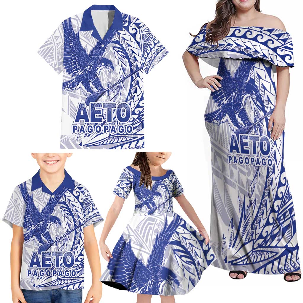 Samoa Pago Pago Aeto Family Matching Off Shoulder Maxi Dress and Hawaiian Shirt Wingstyle Blue-White Color - Polynesian Pride