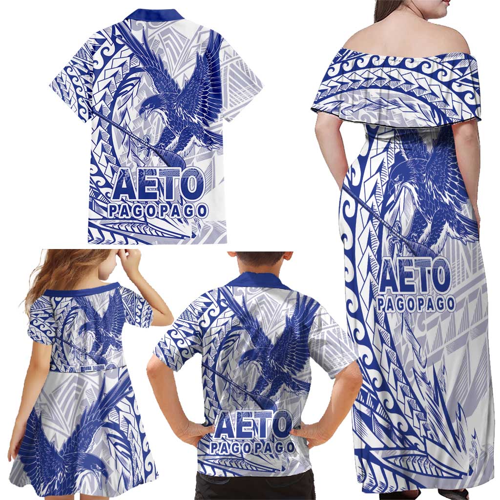 Samoa Pago Pago Aeto Family Matching Off Shoulder Maxi Dress and Hawaiian Shirt Wingstyle Blue-White Color - Polynesian Pride
