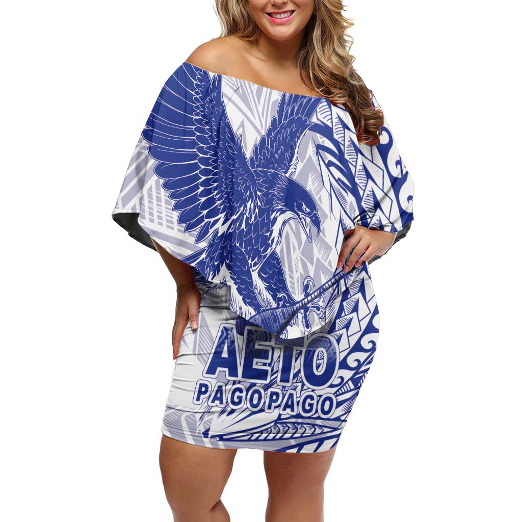 Samoa Pago Pago Aeto Family Matching Off Shoulder Short Dress and Hawaiian Shirt Wingstyle Blue-White Color - Polynesian Pride