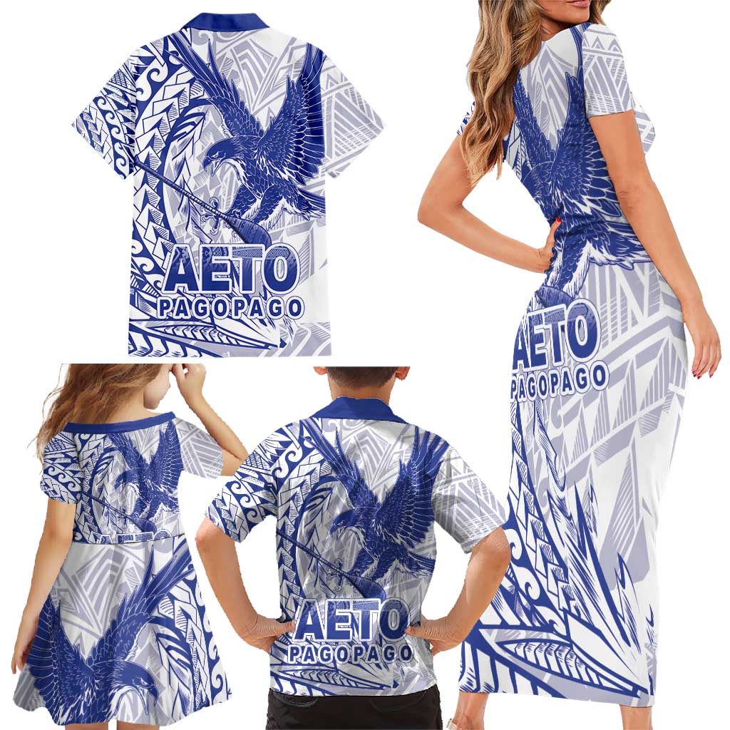 Samoa Pago Pago Aeto Family Matching Short Sleeve Bodycon Dress and Hawaiian Shirt Wingstyle Blue-White Color - Polynesian Pride