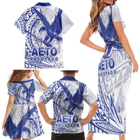 Samoa Pago Pago Aeto Family Matching Short Sleeve Bodycon Dress and Hawaiian Shirt Wingstyle Blue-White Color - Polynesian Pride