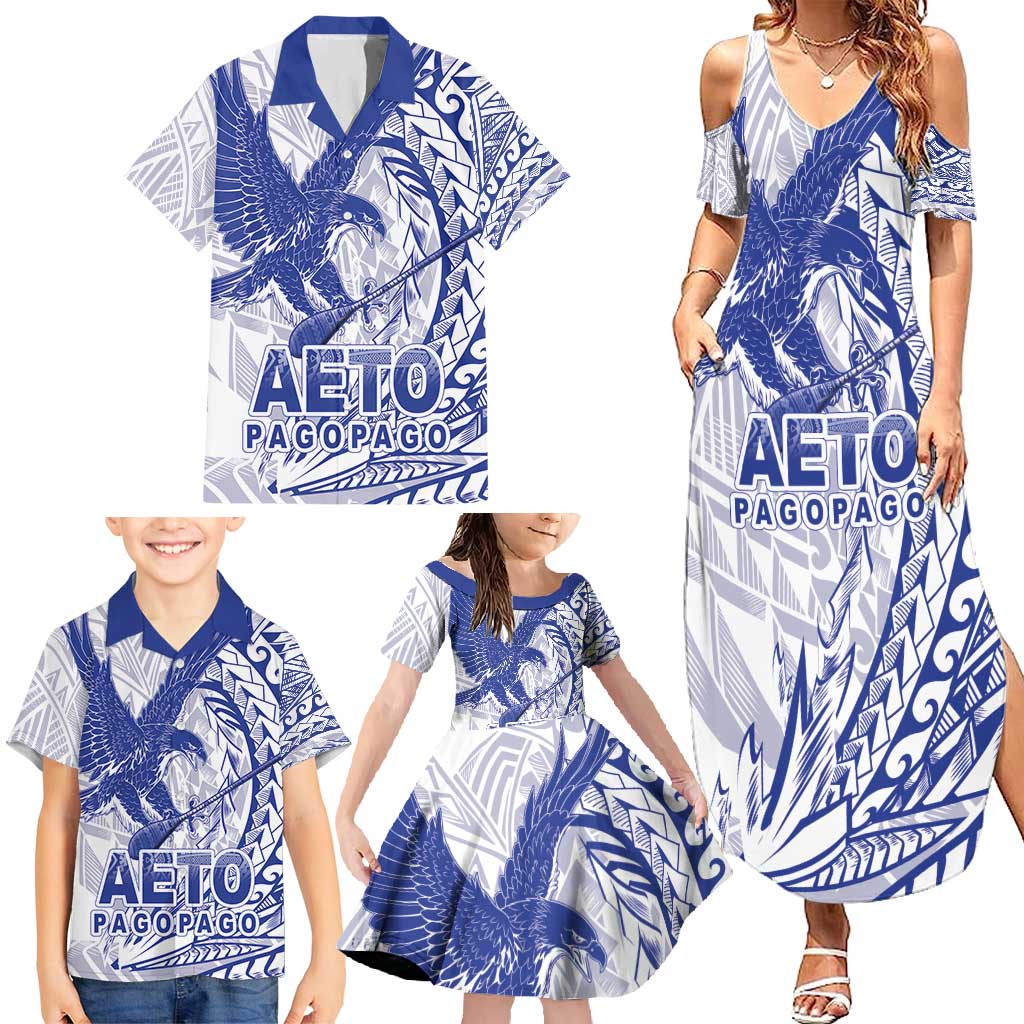 Samoa Pago Pago Aeto Family Matching Summer Maxi Dress and Hawaiian Shirt Wingstyle Blue-White Color - Polynesian Pride