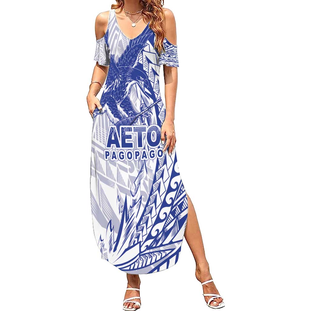Samoa Pago Pago Aeto Family Matching Summer Maxi Dress and Hawaiian Shirt Wingstyle Blue-White Color - Polynesian Pride