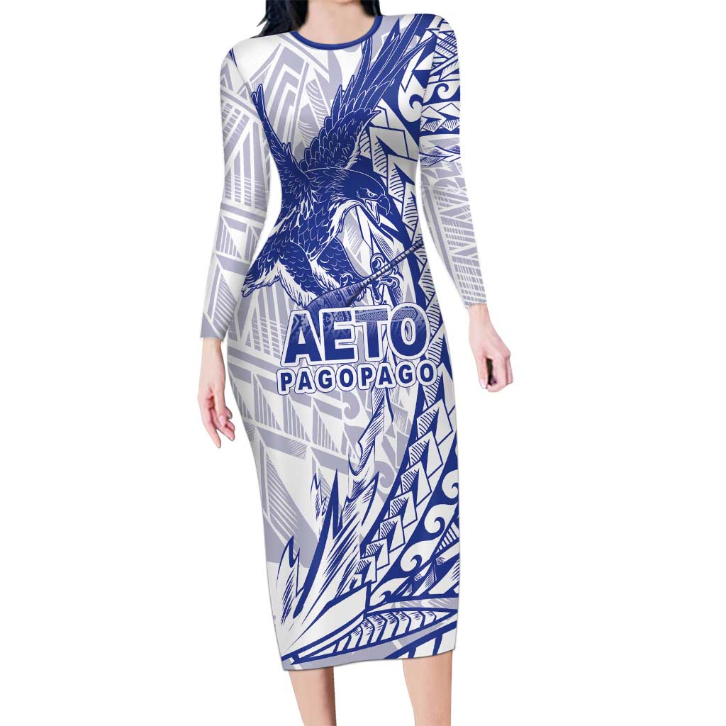 Samoa Pago Pago Aeto Long Sleeve Bodycon Dress Wingstyle Blue-White Color - Polynesian Pride