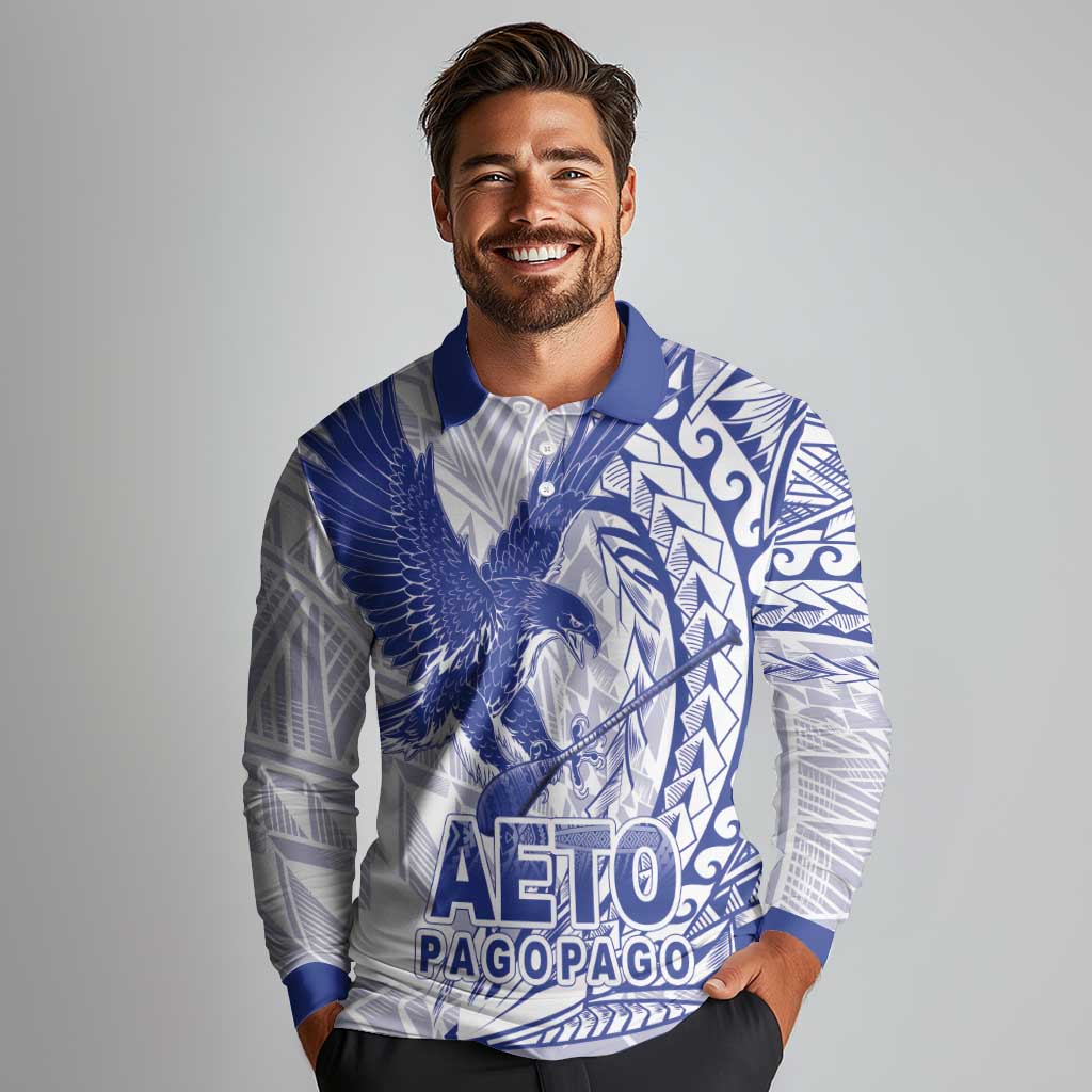Samoa Pago Pago Aeto Long Sleeve Polo Shirt Wingstyle Blue-White Color - Polynesian Pride