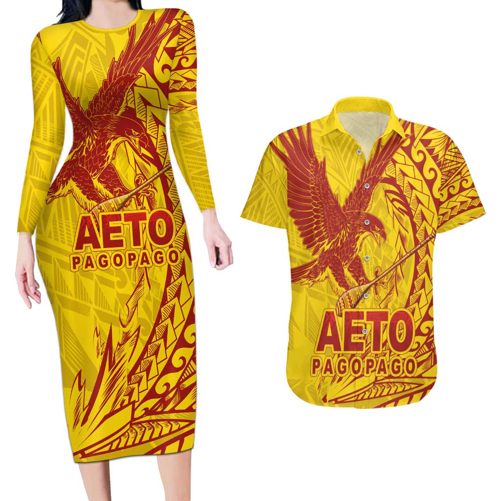 Samoa Pago Pago Aeto Couples Matching Long Sleeve Bodycon Dress and Hawaiian Shirt Wingstyle Red-Gold Color - Polynesian Pride