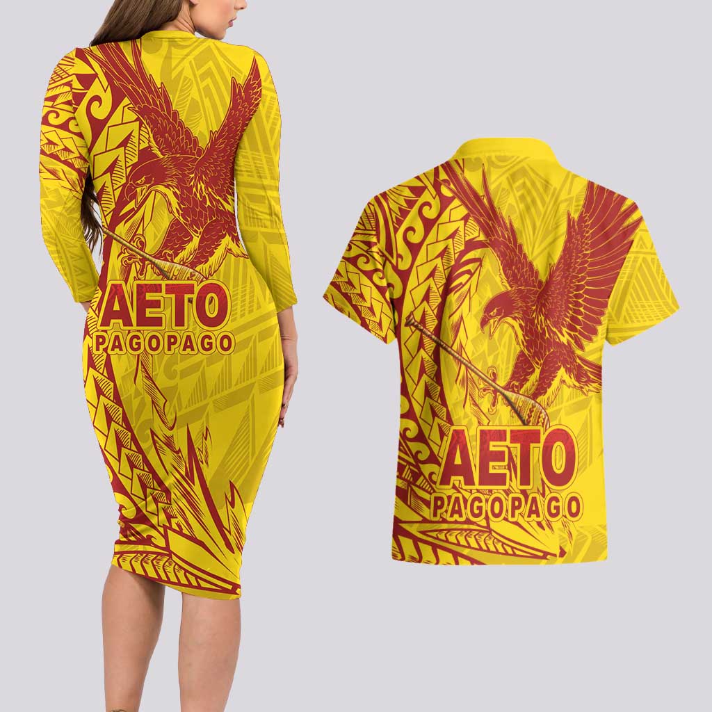 Samoa Pago Pago Aeto Couples Matching Long Sleeve Bodycon Dress and Hawaiian Shirt Wingstyle Red-Gold Color - Polynesian Pride