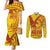 Samoa Pago Pago Aeto Couples Matching Mermaid Dress and Long Sleeve Button Shirt Wingstyle Red-Gold Color - Polynesian Pride