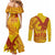 Samoa Pago Pago Aeto Couples Matching Mermaid Dress and Long Sleeve Button Shirt Wingstyle Red-Gold Color - Polynesian Pride