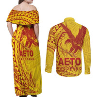 Samoa Pago Pago Aeto Couples Matching Off Shoulder Maxi Dress and Long Sleeve Button Shirt Wingstyle Red-Gold Color - Polynesian Pride