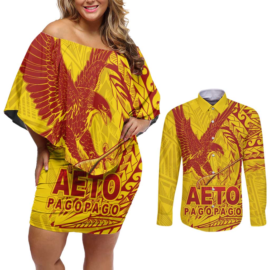 Samoa Pago Pago Aeto Couples Matching Off Shoulder Short Dress and Long Sleeve Button Shirt Wingstyle Red-Gold Color - Polynesian Pride