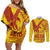Samoa Pago Pago Aeto Couples Matching Off Shoulder Short Dress and Long Sleeve Button Shirt Wingstyle Red-Gold Color - Polynesian Pride