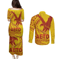 Samoa Pago Pago Aeto Couples Matching Puletasi and Long Sleeve Button Shirt Wingstyle Red-Gold Color - Polynesian Pride